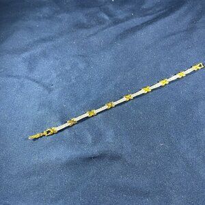 Gold & Silver Tone X-Link Bracelet W/ Rhinestones 7" Sparkling Elegant Jewelry F